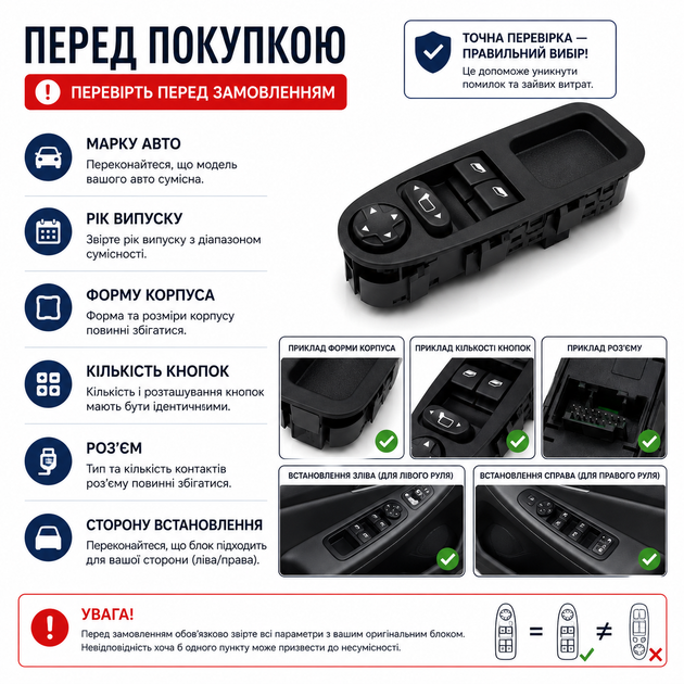 Кнопка склопідйомника Citroen Jumpy Fiat Scudo Peugeot Expert чорна блок керування вікнами 2007-2016 - изображение 6