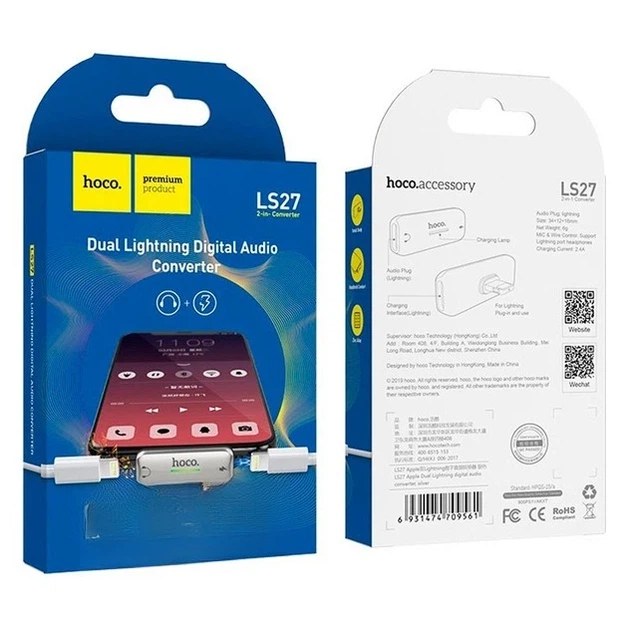 Перехідник розгалужувач Hoco Lightning на два Lightning 2A 1 м Сірий (LS27) - зображення 3