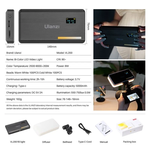 Видеосвет LED Ulanzi VL200 Bi-color 8W 2500-9000K Черное - изображение 12