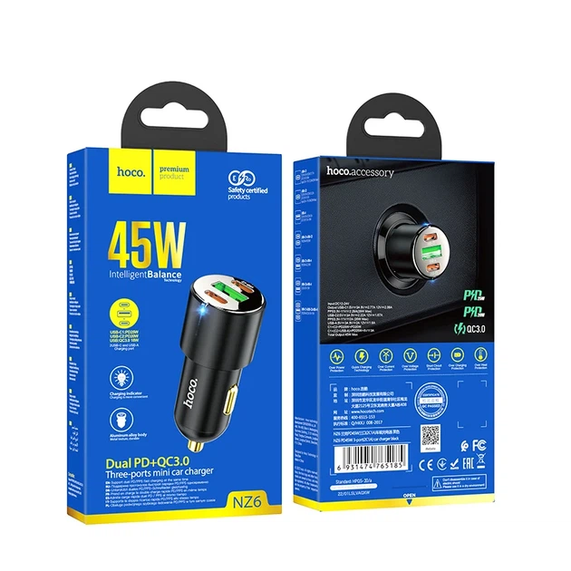 Автомобільний зарядний пристрій HOCO NZ6 45W 3-port USB-C/USB-A чорний - зображення 2