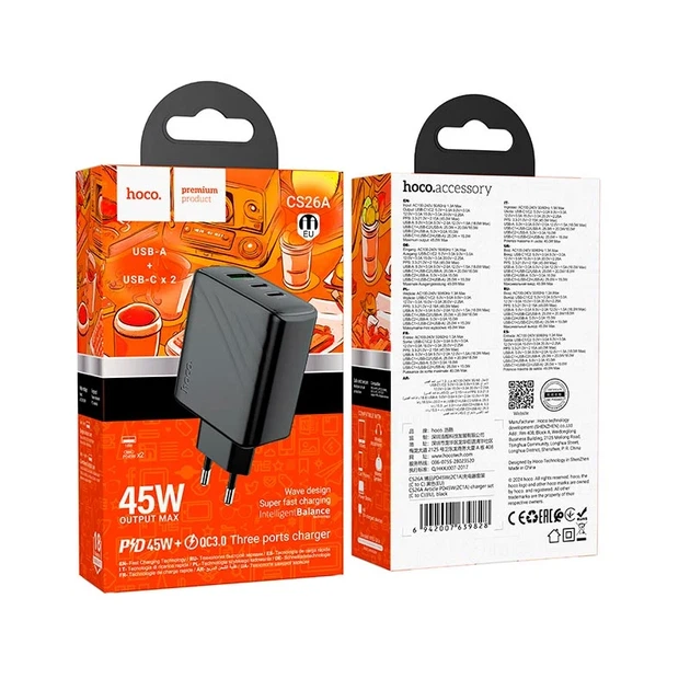 Мережевий зарядний пристрій HOCO CS26A 45W 3 порти USB Type-C/Type-A чорний - зображення 2