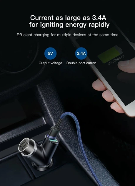 Автомобільний зарядний пристрій Baseus Y type dual USB 3.1 A чорний - Фото 4 Автомобільний зарядний пристрій Baseus Y type dual USB 3.1 A чорний - зображення 4
