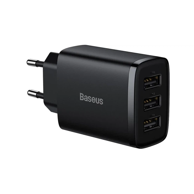 Мережевий зарядний пристрій Baseus Compact Charger 3U 17W Чорний 6,4 см Пластик - Фото 1 Мережевий зарядний пристрій Baseus Compact Charger 3U 17W Чорний 6,4 см Пластик - зображення 1