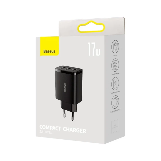 Мережевий зарядний пристрій Baseus Compact Charger 3U 17W Чорний 6,4 см Пластик - Фото 2 Мережевий зарядний пристрій Baseus Compact Charger 3U 17W Чорний 6,4 см Пластик - зображення 2