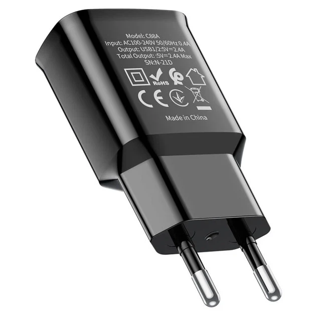 Сетевое зарядное устройство HOCO C88A 2xUSB 12W пластик черный - изображение 3