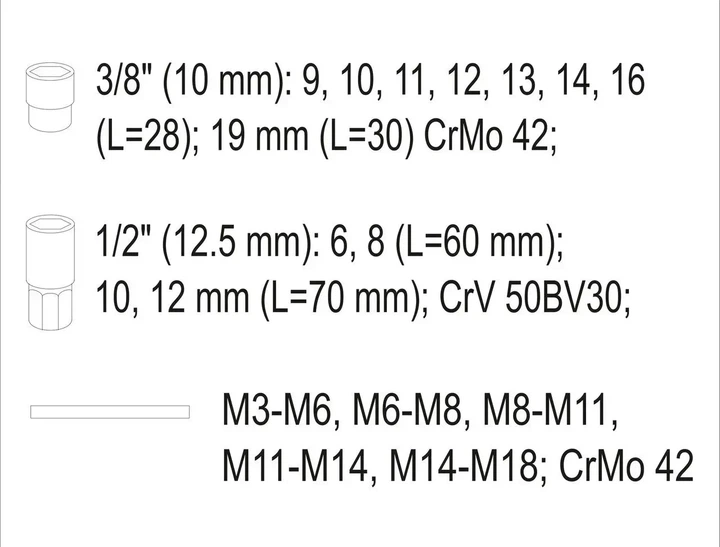 Набір екстракторів YATO квадрат 1/2" і 3/8" Cr-V Cr-Mo для видалення зламаних гвинтів 17 предметів YT-06033 - Фото 5 Набір екстракторів YATO квадрат 1/2" і 3/8" Cr-V Cr-Mo для видалення зламаних гвинтів 17 предметів YT-06033 - зображення 5