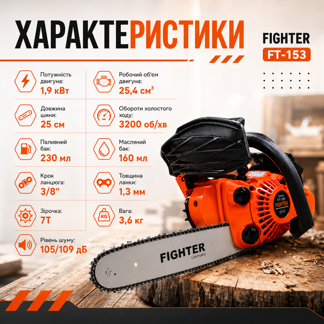 Бензопила FIGHTER FT-153 с бензиновым двухтактным двигателем 25,4 см³, садовый инструмент мощностью 1,9 кВт, шина 25 см, система легкого запуска, автоматическая смазка цепи, антивибрационный механизм для обрезки деревьев, заготовки дров - изображение 3
