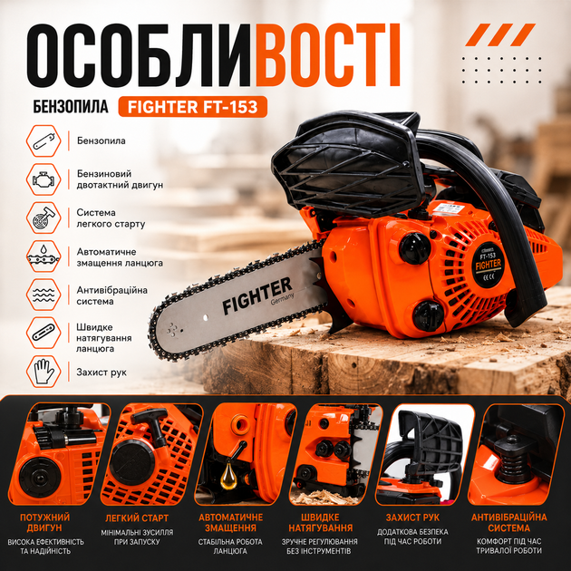 Бензопила FIGHTER FT-153 с бензиновым двухтактным двигателем 25,4 см³, садовый инструмент мощностью 1,9 кВт, шина 25 см, система легкого запуска, автоматическая смазка цепи, антивибрационный механизм для обрезки деревьев, заготовки дров - изображение 4