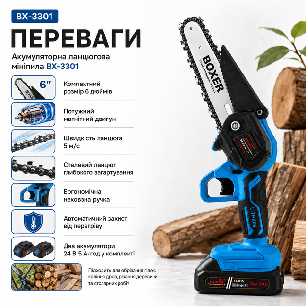 Аккумуляторная цепная мини-пила BX-3301 6 дюймов для обрезки веток, беспроводной садовый инструмент с магнитным двигателем, комплект с двумя аккумуляторами 24 В 5 А·ч, шиной 15 см, кейсом, зарядным устройством и принадлежностями для распиловки древесины - Фото 3 Аккумуляторная цепная мини-пила BX-3301 6 дюймов для обрезки веток, беспроводной садовый инструмент с магнитным двигателем, комплект с двумя аккумуляторами 24 В 5 А·ч, шиной 15 см, кейсом, зарядным устройством и принадлежностями для распиловки древесины - изображение 3