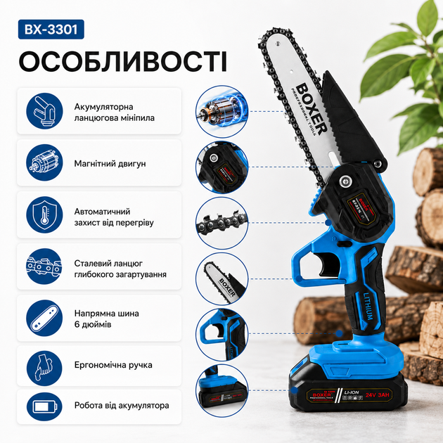 Аккумуляторная цепная мини-пила BX-3301 6 дюймов для обрезки веток, беспроводной садовый инструмент с магнитным двигателем, комплект с двумя аккумуляторами 24 В 5 А·ч, шиной 15 см, кейсом, зарядным устройством и принадлежностями для распиловки древесины - Фото 4 Аккумуляторная цепная мини-пила BX-3301 6 дюймов для обрезки веток, беспроводной садовый инструмент с магнитным двигателем, комплект с двумя аккумуляторами 24 В 5 А·ч, шиной 15 см, кейсом, зарядным устройством и принадлежностями для распиловки древесины - изображение 4