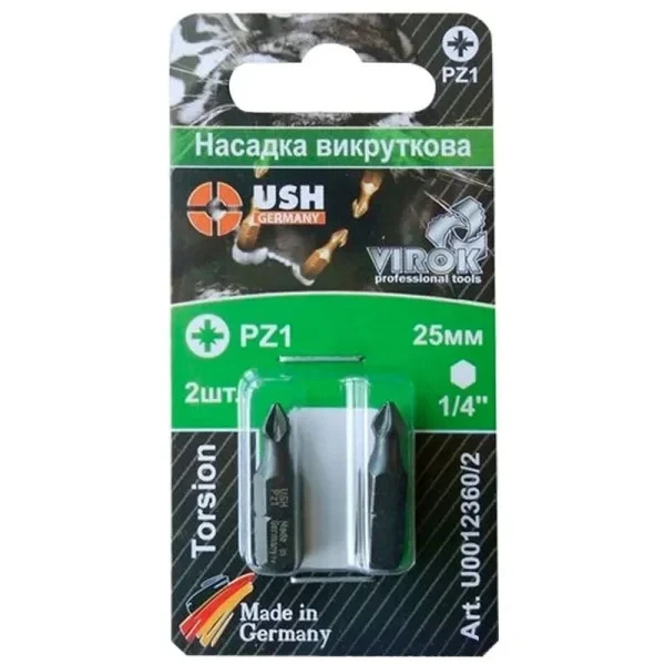Біти USH Pozidriv PZ1 x 25 мм 2 шт у блістері U0012360/2 - Фото 1 Біти USH Pozidriv PZ1 x 25 мм 2 шт у блістері U0012360/2 - зображення 1