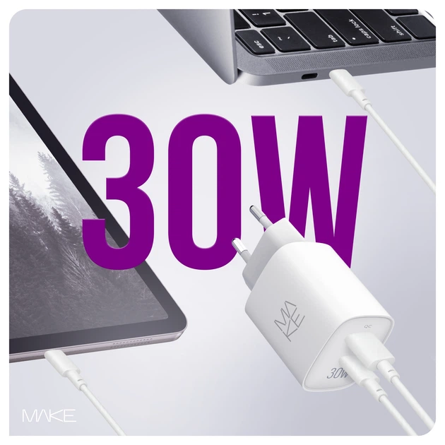 Зарядний пристрій мережевий Make 30W GaN3 Type-C PD3.0 + USB QC4.0 White (MCW-3021GWH) - зображення 2