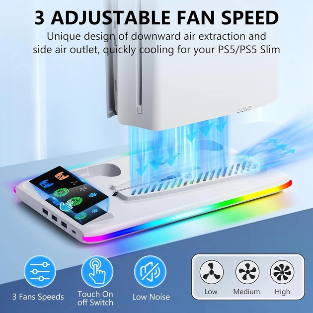 Подставка для PS5 охлаждающая зарядная станция 2 контроллера RGB вентилятор 3 USB порта держатель консоли и аксессуаров - Фото 9 Подставка для PS5 охлаждающая зарядная станция 2 контроллера RGB вентилятор 3 USB порта держатель консоли и аксессуаров - изображение 9