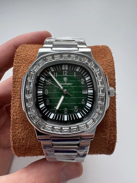 Мужские кварцевые часы Poedagar Crystal Green серебристые с металлическим браслетом. - изображение 2