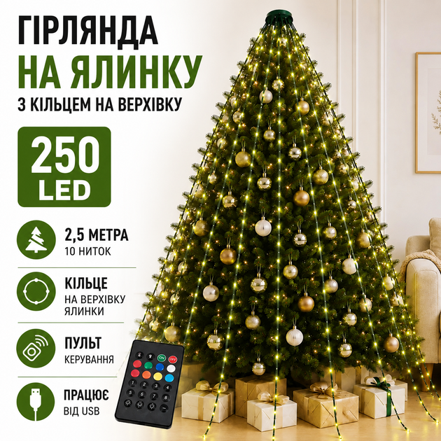 Гирлянда на елку 250 LED с кольцом на верхушке 2,5 м 10 нитей от USB с пультом управления - Фото 1 Гирлянда на елку 250 LED с кольцом на верхушке 2,5 м 10 нитей от USB с пультом управления - изображение 1