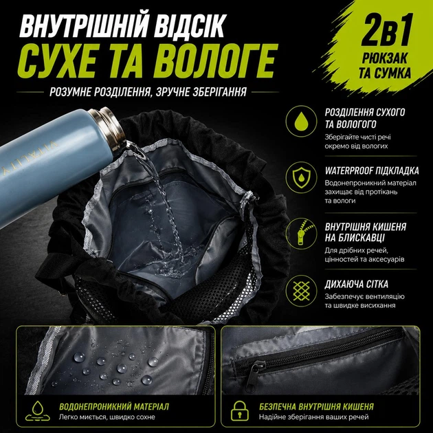 Рюкзак спортивний 2в1 з відділенням для взуття та мокрих речей | Сумка для тренувань, басейну, подорожей, футболу, фітнесу | чорна (418) - Фото 7 Рюкзак спортивний 2в1 з відділенням для взуття та мокрих речей | Сумка для тренувань, басейну, подорожей, футболу, фітнесу | чорна (418) - зображення 7