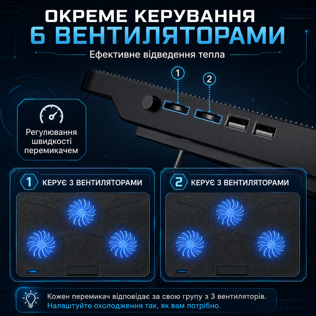 Підставка-охолоджувач для ноутбука з 6 тихими LED-вентиляторами та USB-живленням - зображення 4