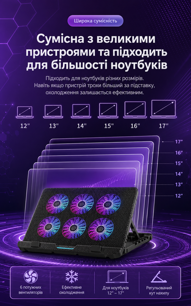 Охлаждающая подставка для ноутбука с 6 тихими вентиляторами, RGB-подсветкой, USB и регулировкой скорости - изображение 8
