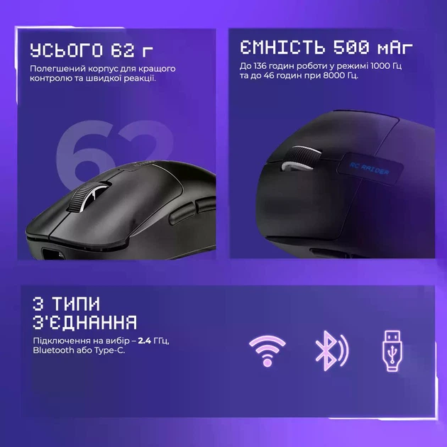 Бездротова ігрова миша Proove RC Raider 8K сенсор PAW3950 hot-swap 2,4ГГц/BT/USB чорний (WMRR00122001) - Фото 10 Бездротова ігрова миша Proove RC Raider 8K сенсор PAW3950 hot-swap 2,4ГГц/BT/USB чорний (WMRR00122001) - зображення 10
