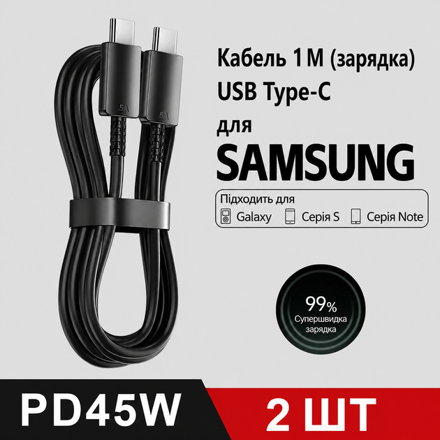 Кабель USB for Type-C 45W швидка зарядка для Samsung Galaxy 1 м Чорний - зображення 5