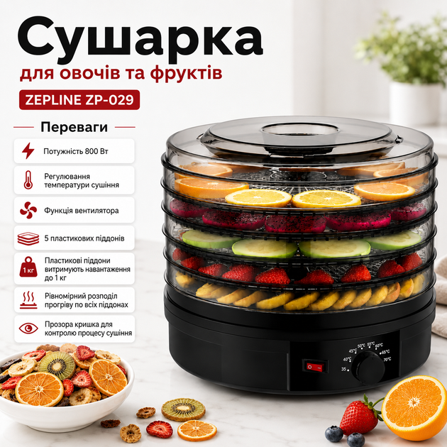 Сушилка для овощей и фруктов Zepline ZP-029 дегидратор 800 Вт с 5 поддонами, электросушилка для грибов, ягод, трав, регулировкой температуры 35–70 °C, функцией вентилятора, прозрачной крышкой, черная - изображение 3
