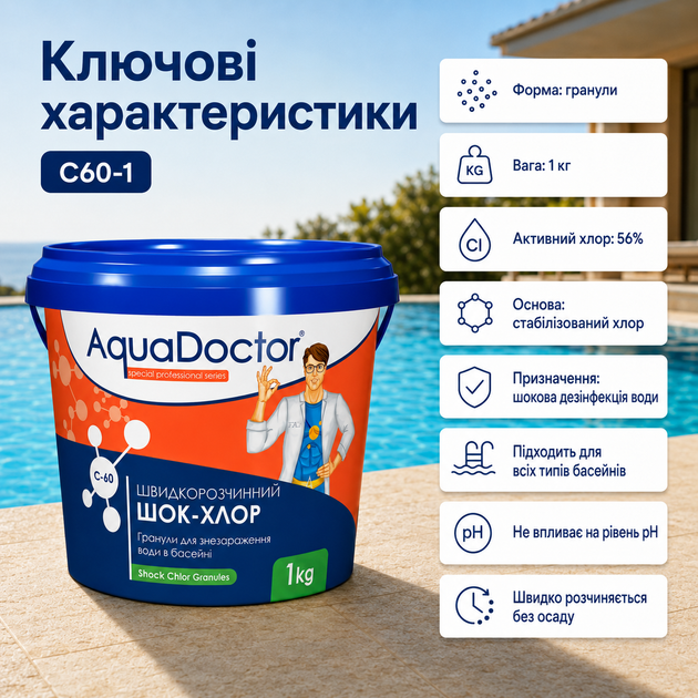 Хімія для первинної обробки басейну AquaDoctor гранульований шоковий хлор 1 кг - зображення 4