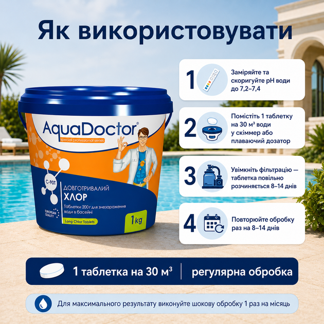 Повільний хлор для постійної підтримки чистоти басейну AquaDoctor 1 кг - зображення 3