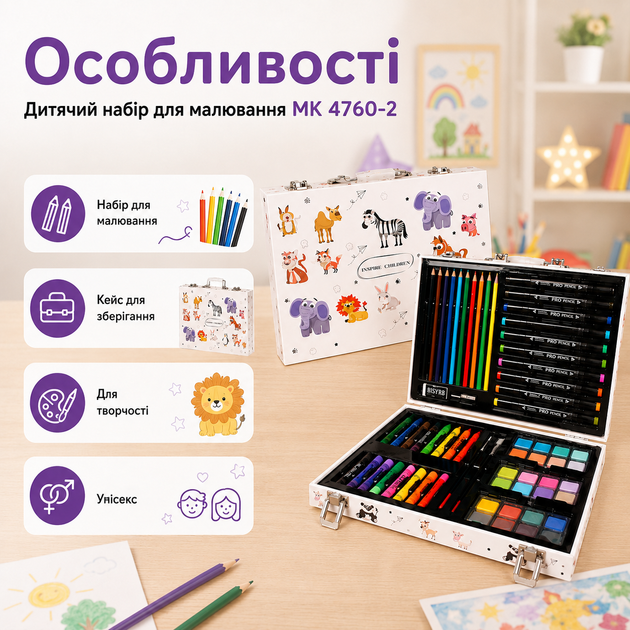 Детский набор для рисования MK 4760-2 в кейсе с двусторонними фломастерами, цветными карандашами, красками, кистями, точилкой и ластиком, художественный комплект для творчества, обучения, развития, подарка мальчику и девочке от 3 лет - Фото 3 Детский набор для рисования MK 4760-2 в кейсе с двусторонними фломастерами, цветными карандашами, красками, кистями, точилкой и ластиком, художественный комплект для творчества, обучения, развития, подарка мальчику и девочке от 3 лет - зображення 3
