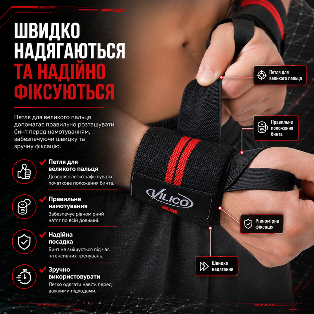 Кистевые бинты Vilico 136 для силовых тренировок, пауэрлифтинга и бодибилдинга, на запястье, красные - изображение 5