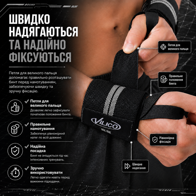 Кистьові бинти Vilico 136 для силових тренувань, паверліфтингу та бодибілдингу, на зап'ястку, сірі - зображення 5