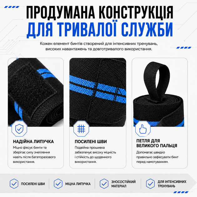 Бинти на зап'ястя Vilico 50 см комплект 2 шт чорні для жиму лежачи, пауерліфтингу, важкої атлетики, кросфіту та силових тренувань - зображення 4
