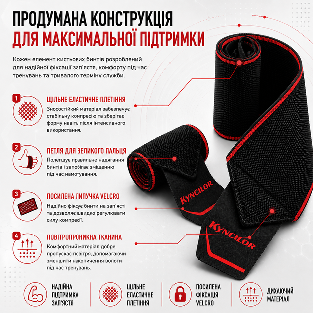 Кистевые бинты Kyncilor 015 для силовых тренировок, пауэрлифтинга и бодибилдинга, на запястье, красные - изображение 2