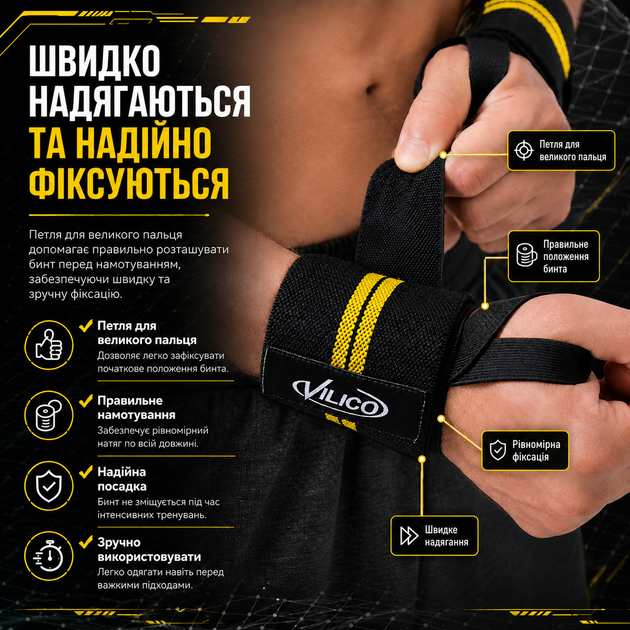 Бинты на запястье Vilico AB136 кистевые, для пауэрлифтинга, бодибилдинга и силовых тренировок, желтые - изображение 5