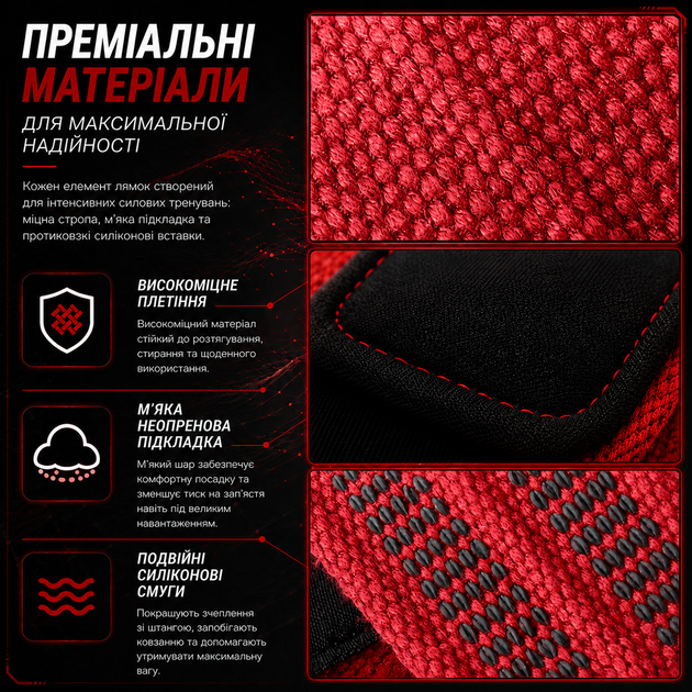 Лямки для тяги (кистевые ремни) Vilico AB093 красные, для тяжелой атлетики и силовых тренировок - изображение 6
