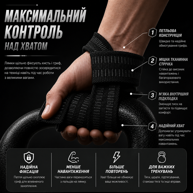 Лямки для тяги (кистевые ремни) Vilico AB093 ченые, для тяжелой атлетики и силовых тренировок - изображение 2