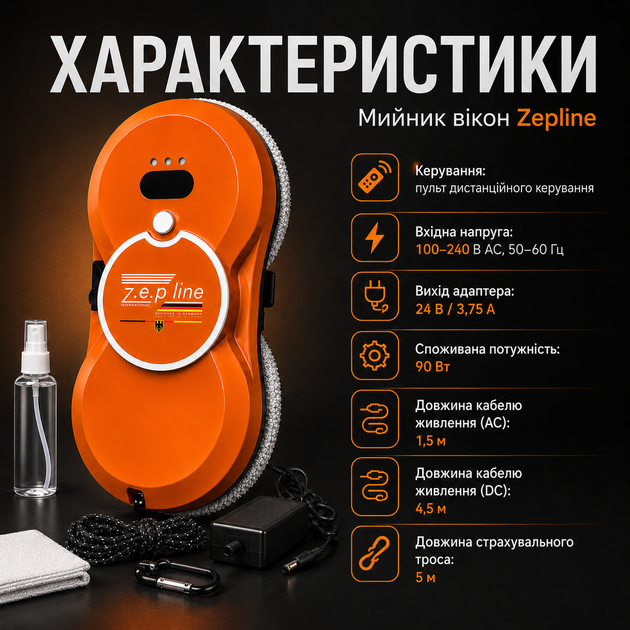 Робот для миття вікон Zepline з вакуумним двигуном 90 Вт, автоматичний мийник для скла, дзеркал, плитки, вітрин і душових перегородок, інтелектуальна навігація, дистанційне керування, страхувальний трос 5 м, кабель 4,5 м - изображение 3