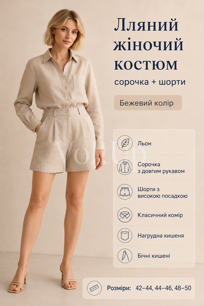 Лляний костюм жіночий з сорочкою та шортами бежевий — літній комплект із льону розмір 42-44 - зображення 2