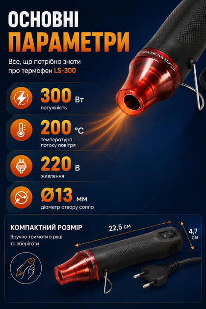 Технический термофен LS-300 300 В 200 °C для термоусадки и рукоделия - Фото 3 Технический термофен LS-300 300 В 200 °C для термоусадки и рукоделия - изображение 3
