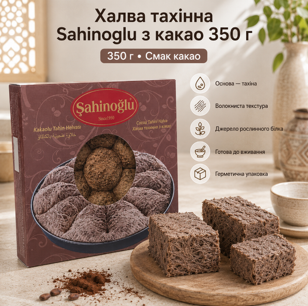 Халва тахінна Sahinoglu з какао 350 г кунжутна халва готовий десерт у заводській упаковці - Фото 1 Халва тахінна Sahinoglu з какао 350 г кунжутна халва готовий десерт у заводській упаковці - зображення 1