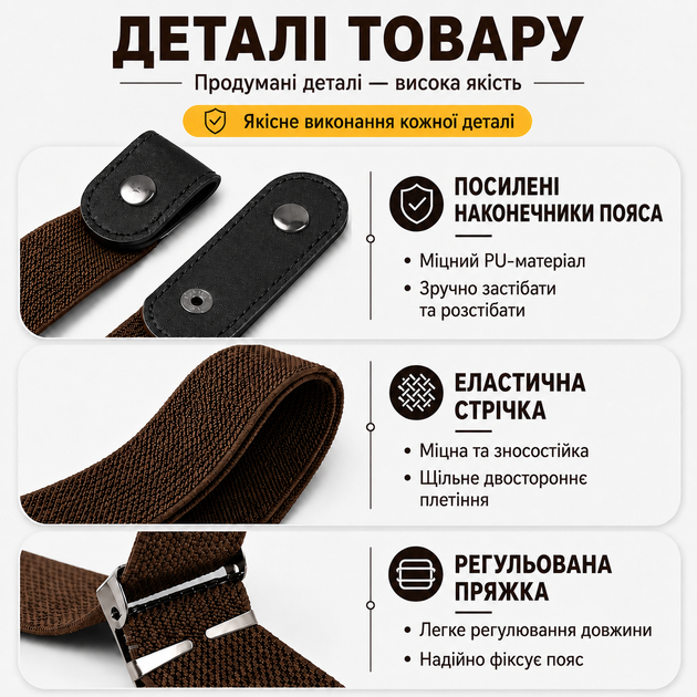 Полотняный эластичный пояс без пряжки длина корректируется, Коричневый - изображение 4