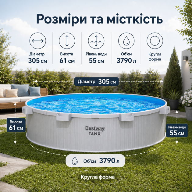 Стальной каркасный бассейн Bestway Tanx 305×61 см 3790 л круглый сборный бассейн с картриджным фильтр-насосом 1250 л/ч и тентом - изображение 3