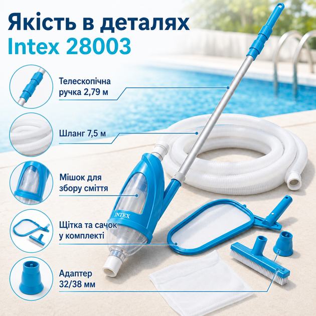 Набор для чистки бассейна Intex Krystal Clear Pool Basics с вакуумным пылесосом, сачком, щеткой, шлангом 7,5 м и ручкой 279 см - Фото 3 Набор для чистки бассейна Intex Krystal Clear Pool Basics с вакуумным пылесосом, сачком, щеткой, шлангом 7,5 м и ручкой 279 см - изображение 3