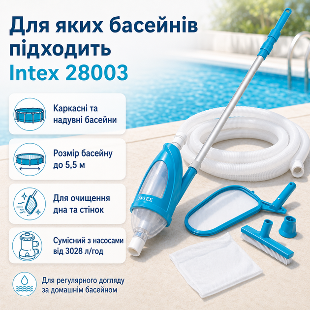 Набор для чистки бассейна Intex Krystal Clear Pool Basics с вакуумным пылесосом, сачком, щеткой, шлангом 7,5 м и ручкой 279 см - Фото 4 Набор для чистки бассейна Intex Krystal Clear Pool Basics с вакуумным пылесосом, сачком, щеткой, шлангом 7,5 м и ручкой 279 см - изображение 4