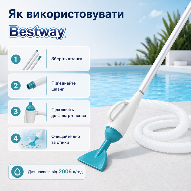 Набор для чистки бассейна Bestway AQUAPRISTINE с вакуумным пылесосом, шлангом 6 м и ручкой 190 см для бассейнов до Ø4,57 м - Фото 4 Набор для чистки бассейна Bestway AQUAPRISTINE с вакуумным пылесосом, шлангом 6 м и ручкой 190 см для бассейнов до Ø4,57 м - изображение 4