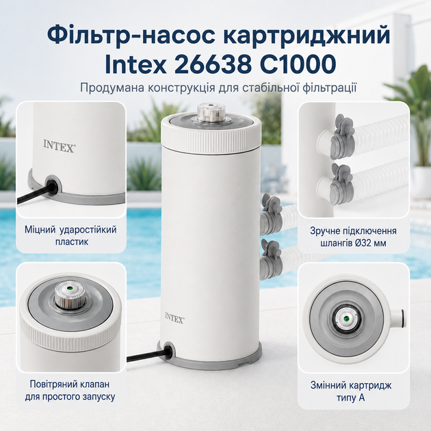 Картриджний фільтр-насос Intex Krystal Clear C1000 3785 л/год 99W для басейнів 1100–19300 л із картриджем типу A та шлангами Ø32 м - Фото 3 Картриджний фільтр-насос Intex Krystal Clear C1000 3785 л/год 99W для басейнів 1100–19300 л із картриджем типу A та шлангами Ø32 м - зображення 3