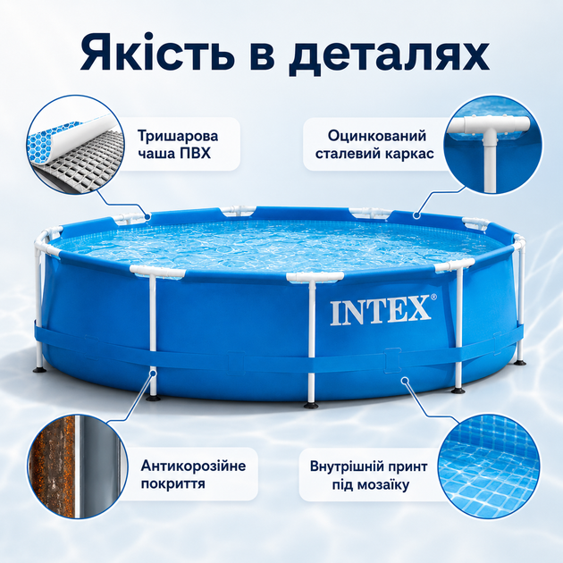 Каркасный бассейн Intex Metal Frame 305×76 см 4485 л круглый сборный бассейн с картриджным фильтр-насосом 1250 л/ч для двора - изображение 2