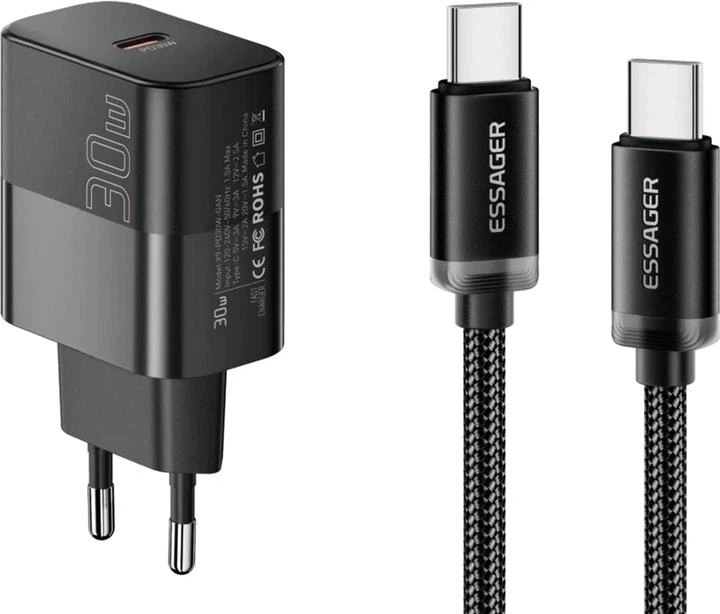 Сетевое зарядное устройство ESSAGER 30W QC/PD USB-C + USB-C-C 60W Cable Black (E30JSB1-SYTT1-T) - Фото 1 Сетевое зарядное устройство ESSAGER 30W QC/PD USB-C + USB-C-C 60W Cable Black (E30JSB1-SYTT1-T) - изображение 1