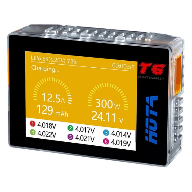 Умное зарядное устройство HOTA T6 для аккумуляторов LiPo, LiHV, LiFe, Li-ion, NiMH, NiCd, Pb 1–6S, 1 канал, 300 Вт, 15 А, IPS 2,4" - изображение 3