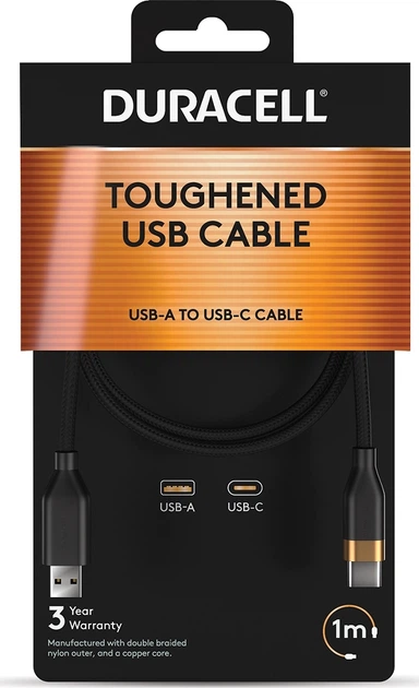 Кабель Duracell USB-A USB-C 3A 1 м Black (DRU5011A) - Фото 1 Кабель Duracell USB-A USB-C 3A 1 м Black (DRU5011A) - зображення 1