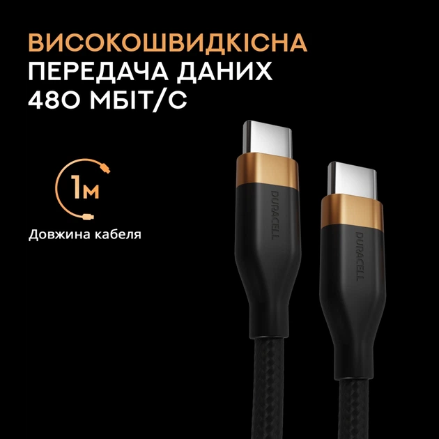 Кабель Duracell USB-C USB-C 60W 1 м Black (5056889400009) - Фото 3 Кабель Duracell USB-C USB-C 60W 1 м Black (5056889400009) - зображення 3